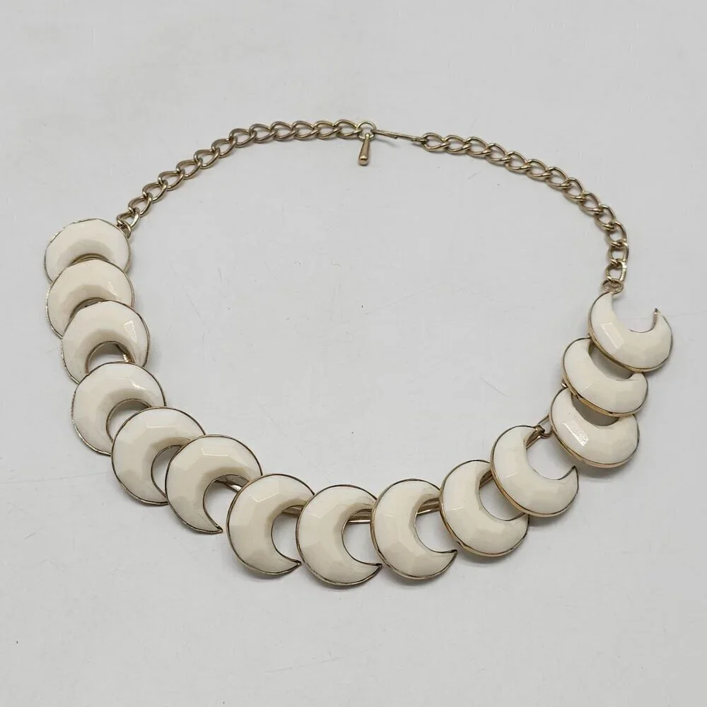 Vintage Gold Tone Chain Necklace With White Lucite Crescent Moon Links
